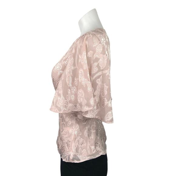 Express Pink Floral Cinched Waist Flutter Sleeve Keyhole Back Peplum Blouse Sz M - Picture 2 of 6